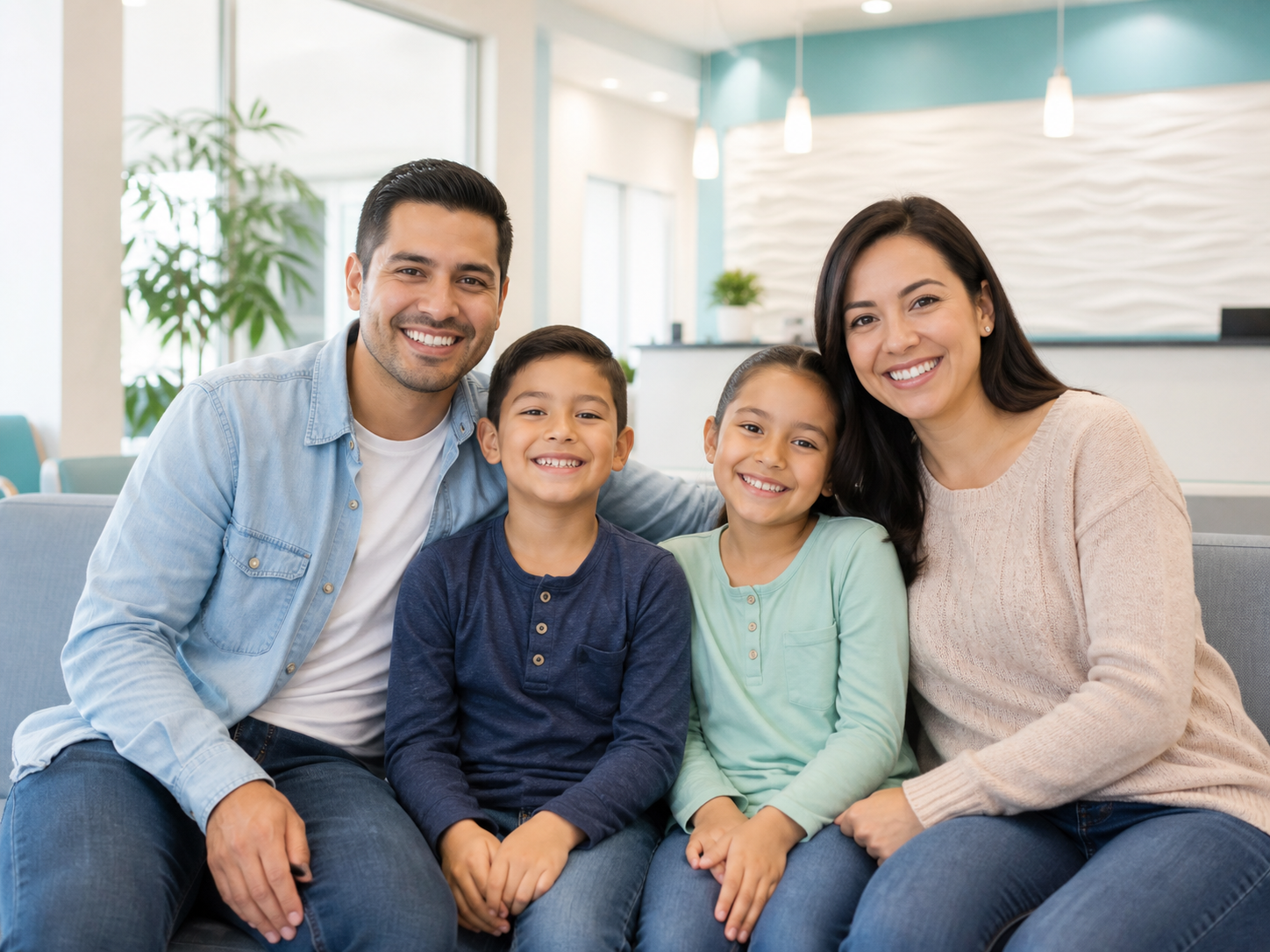 Familia latina sonriente en una clínica dental